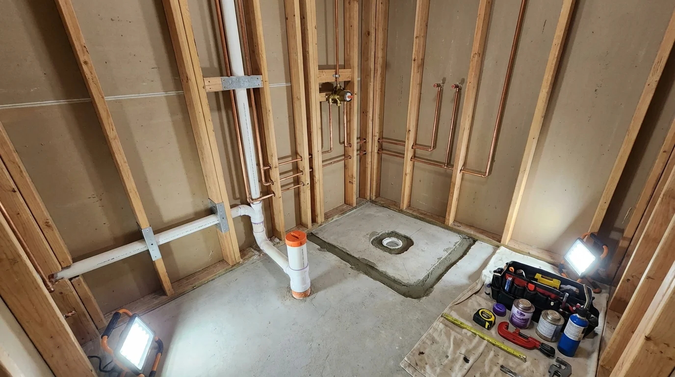 Bathroom rough-in plumbing during remodel by Johns Plumbing LLC in Somerset
