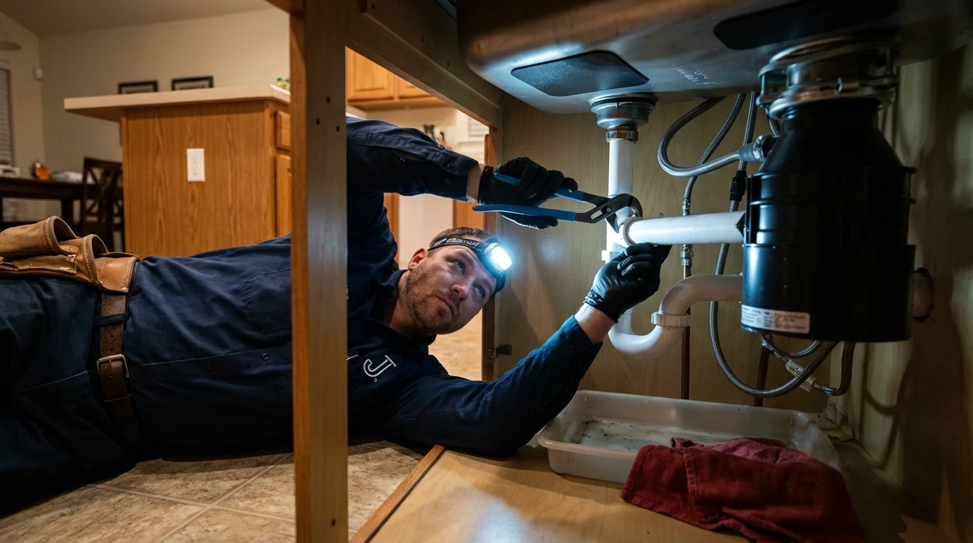 P-trap and supply line connections under a kitchen sink showing a common leak point in Somerset, OH